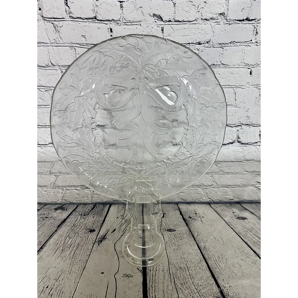 Vintage Arcoroc Clear Glass Christmas Holiday Holly Wreath Round Platter USA 13